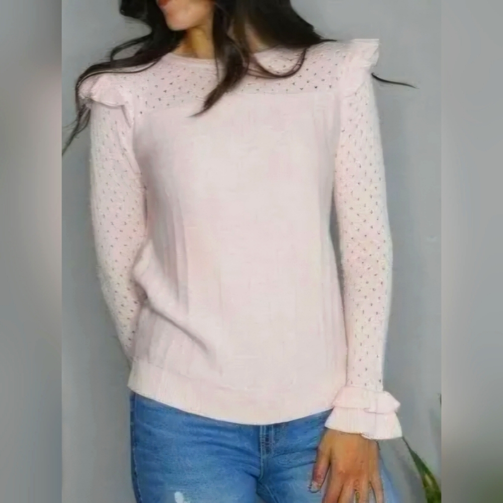 One Grey Day Revolve Sweater Pink Wool Blend Long Sleeve Eyelet Ruffles …